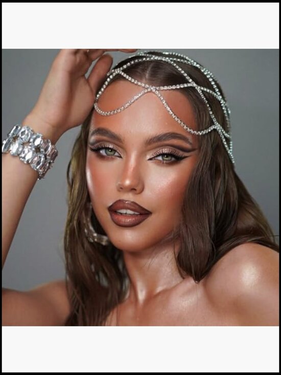 Rhinestone Mesh Headpiece Cap with Chain Flapper Hair Accessory Bridal Party